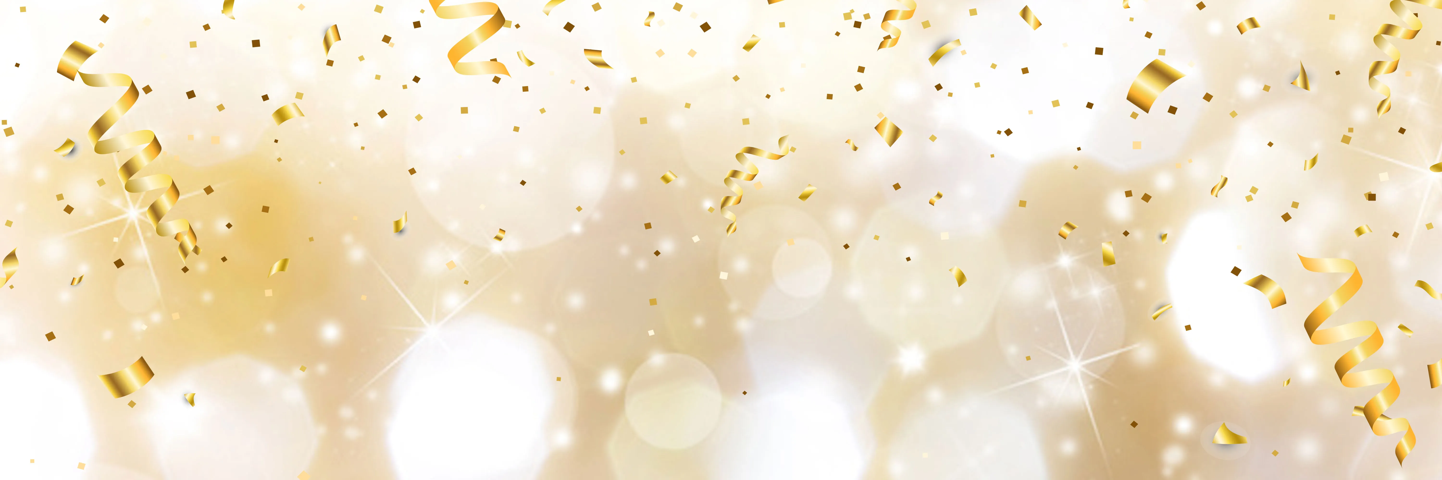 Goldene Luftschlangen und Konfetti auf festlichem Hintergrund.