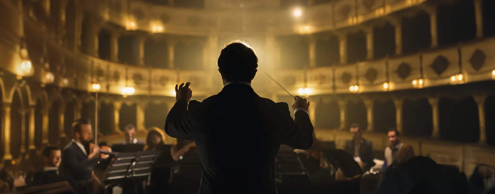 Dirigent führt Orchester in stimmungsvoller, historischer Oper.