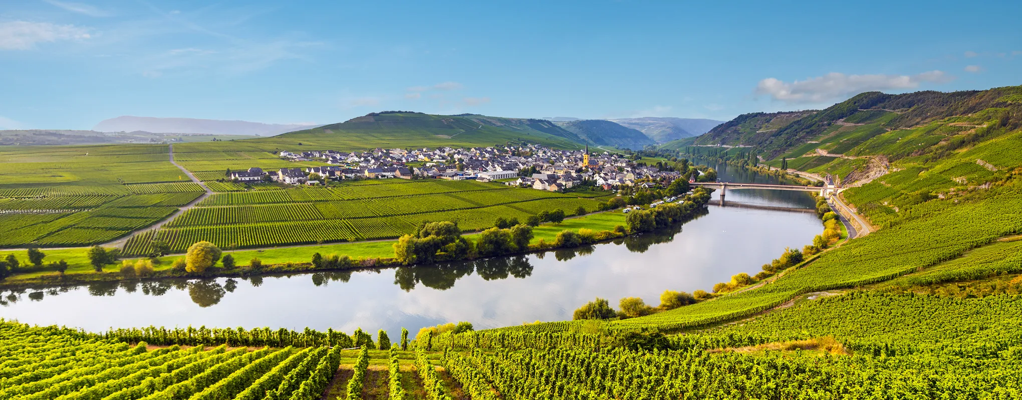 Idyllische Flusslandschaft mit Weinbergen und Dorf im Hintergrund.