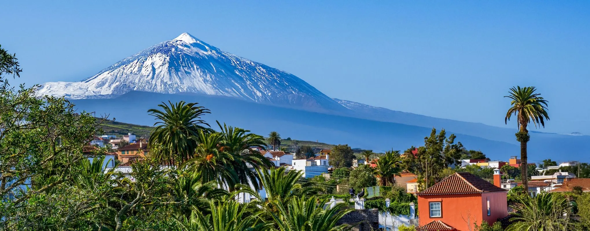 Berg mit Schnee, Palmen und Häuser unter sonnigem Himmel.