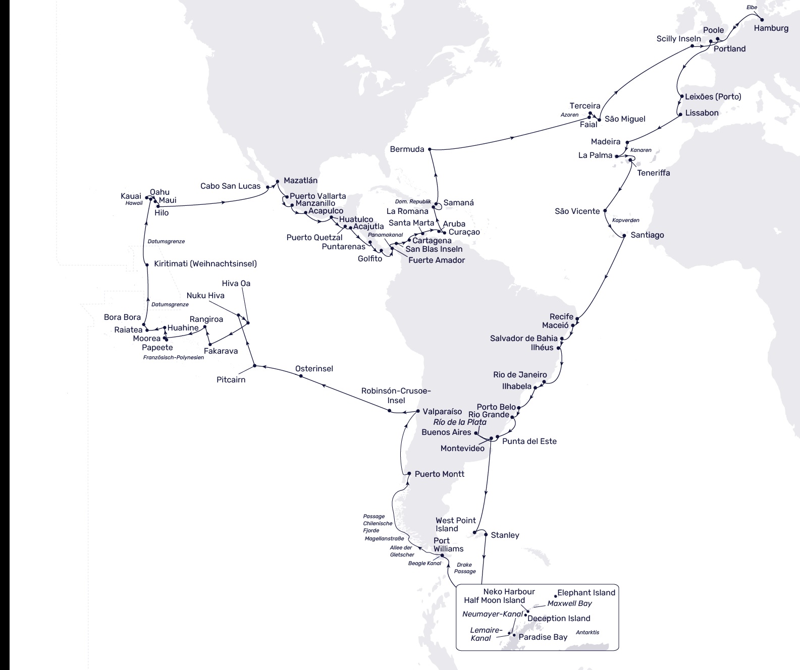Weltreise-Route von Hamburg durch Südamerika und Polynesien.