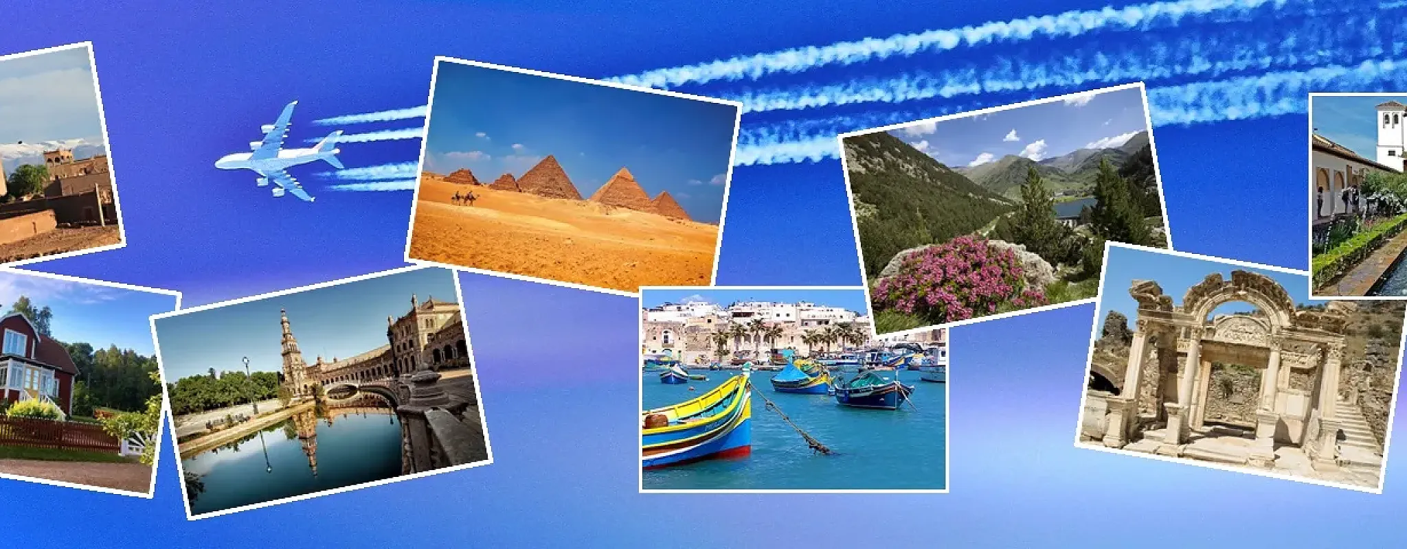 Collage aus Reisebildern vor blauem Himmel mit Flugzeug.