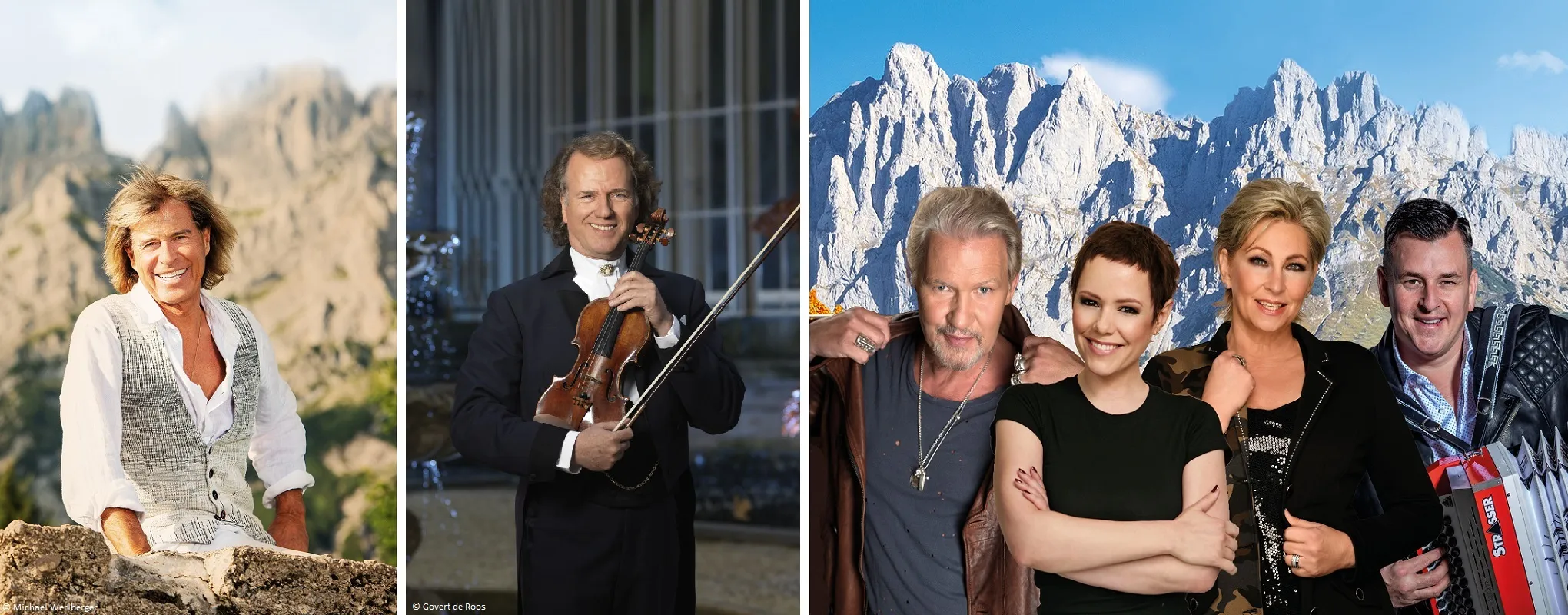 Prominente vor Alpenkulisse, fröhliche Stimmung, Natur und Eleganz.