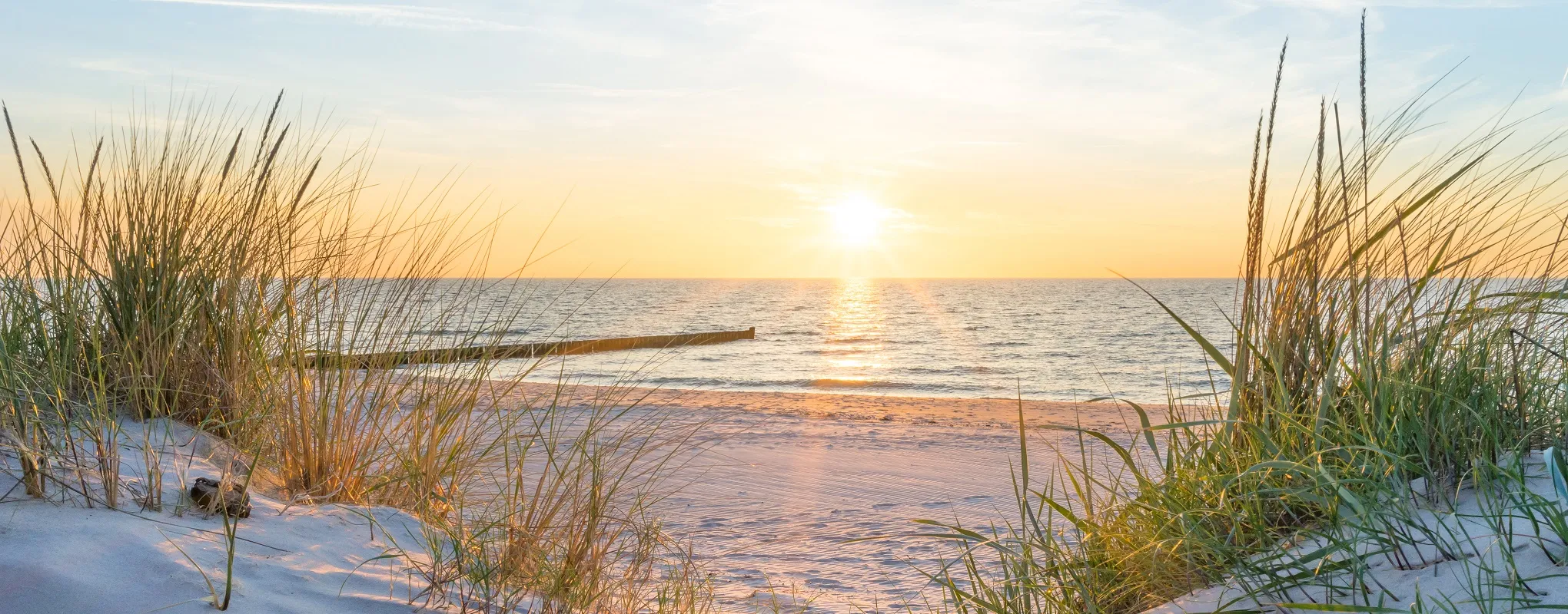 Sonnenuntergang am Strand mit ruhigem Meer und Dünen im Vordergrund.