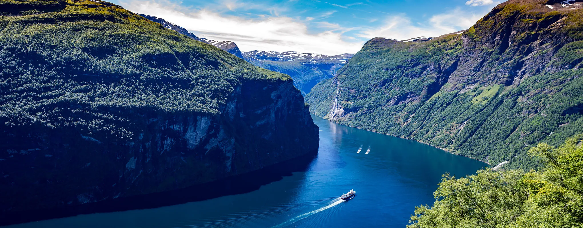 Majestätischer Fjord mit Kreuzfahrtschiff, umgeben von grünen Bergen.