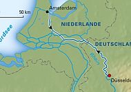Routenverlauf, Routenverlauf der Mini-Flusskreuzfahrt Düsseldorf-Amsterdam., Routenkarte: Düsseldorf-Amsterdam-Düsseldorf, Mini Flusskreuzfahrt.