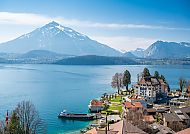Frühling am Thunersee mit Blick auf die Alpen und malerische Ufer.