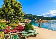 Am Wörthersee, Frühlingsidylle am Wörthersee mit blühenden Gärten und Seeufer., Frühlingshafte Uferpromenade am idyllischen Wörthersee.
