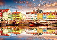 Kopenhagen, Bunte Häuser am Nyhavn, Kopenhagen bei Sonnenuntergang.