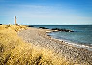 Skagen, Leuchtturm an der Küste von Skagen bei sonnigem Herbstwetter., Küste von Skagen mit Leuchtturm und goldenem Herbstlicht.