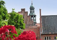 Lüneburg, Historische Architektur in Lüneburg mit blühenden Rosen im Vordergrund., Lüneburgs historische Architektur mit roten Rosen im Vordergrund.
