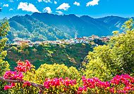 Madeira, Bunte Blumen vor Bergkulisse auf Madeira, 'Atlantische Inseln'., Madeiras malerische Landschaft mit blühenden Bougainvilleen.