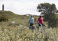 Nordseeküstenradweg mit Leuchtturm, Radfahrer auf Norderney mit Blick auf Leuchtturm in grüner Dünenlandschaft., Radfahrer auf dem Nordseeküstenradweg mit Leuchtturm im Hintergrund.