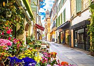 Arles, Blumenreiche Gasse in Arles mit charmanten Geschäften., Blumenreiche Gasse in Arles mit charmanten historischen Gebäuden.