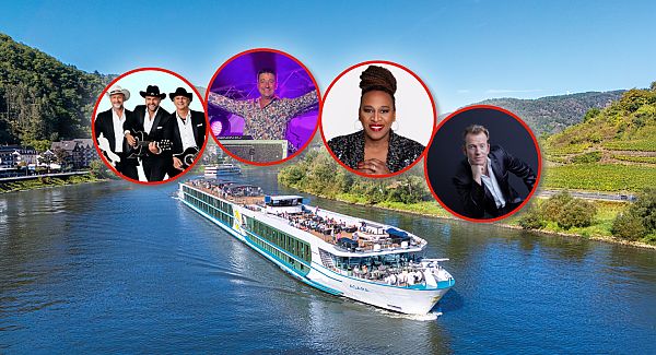 , Flusskreuzfahrt mit Stars auf dem Rhein, umgeben von malerischer Natur.
