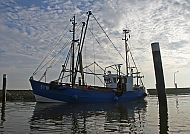 Tönning-Fischkutter, Tönning-Fischkutter im Hafen bei ruhigem Wasser und bewölktem Himmel., Tönning-Fischkutter im Hafen vor bewölktem Himmel.