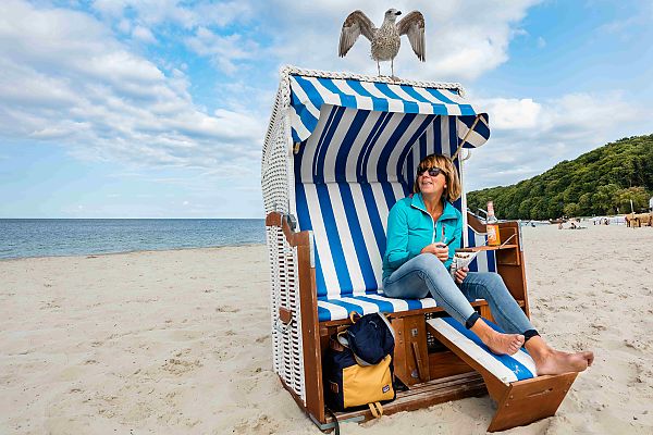 Ostsee Impression, Entspannung im Strandkorb an der Ostsee mit Möwe und Meeresblick.