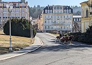 , Pferdekutsche vor historischer Architektur in Marienbad., Pferdekutsche vor historischen Gebäuden in Marienbad.