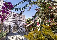 , Mühlenmuseum auf Teneriffa, umgeben von blühenden Pflanzen.