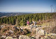 , Wanderer genießen die Aussicht im Harzgebirge unter klarem Himmel., Wanderer genießen die Aussicht im Harz bei klarem Himmel.