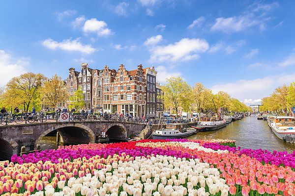 , Amsterdam-Kanal mit Tulpen und historischen Gebäuden im Frühling., Tulpenblüte an Amsterdams Grachten im Frühling.
