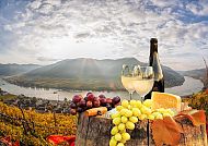 Herbstliche Wachau-Landschaft mit Wein, Trauben und Käse