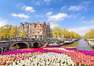 Bunte Tulpen vor Amsterdamer Grachten und historischen Gebäuden.