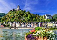 Cochem an der Mosel mit Reichsburg und blühenden Ufergärten.