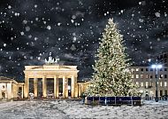 Berlin, Brandenburger Tor im Schnee mit festlichem Weihnachtsbaum., Brandenburger Tor im Schnee mit festlichem Weihnachtsbaum.