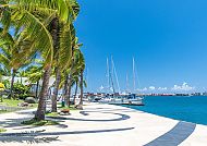 , Idyllische Hafenpromenade in Französisch-Polynesien., Palmen und Yachten am strahlend blauen Meer in Französisch-Polynesien.