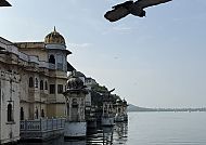 Udaipur, Udaipur: Historische Architektur am See mit vorbeifliegendem Vogel., Udaipur: Palast am See mit vorbeifliegendem Vogel.