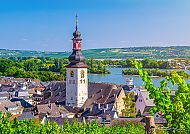 Rüdesheim am Rhein mit malerischer Aussicht auf Weinberge und Fluss.