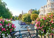 Amsterdam. Altstädter Kanal, Blühende Blumen am Altstädter Kanal in Amsterdam.