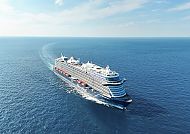Mein Schiff Relax, Außenaufnahme, Kreuzfahrtschiff 'Mein Schiff Relax' auf offener See., Kreuzfahrtschiff 'Mein Schiff Relax' auf offener See unter blauem Himmel.
