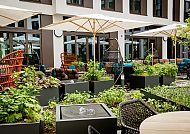 Motel One Köln-Messe Terrasse, Grüne Terrasse des Motel One Köln-Messe mit gemütlichen Sitzbereichen., Grüne Terrasse des Motel One Köln-Messe mit gemütlichen Sitzbereichen.