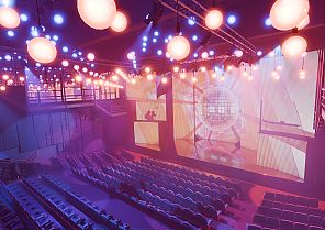 Innenraum Artistical Groove, Modernes Theaterambiente im GROOVE: Artistical-Theater Europas., Modernes, stimmungsvoll beleuchtetes Theater im GROOVE Hotel.