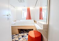 DFDS Fähren, Kabinenbeispiel, Moderne Kabine auf DFDS Fähre, gemütlich und stilvoll eingerichtet.